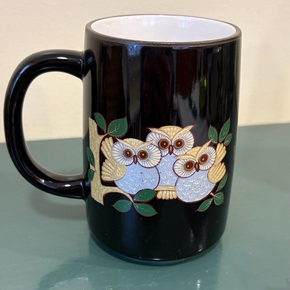 Otagiri Other - Otagiri Black Ceramic Mug with Hand-Painted Gold-Accented Owl Trio